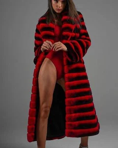Women's Real Rex Rabbit Fur Coat Long Winter Chinchilla Red Overcoat Outwear - Picture 1 of 3