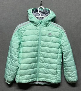 Adidas Puffer Jacket Girl's Large 14/16 Green 3 Stripe Hooded Coat Pockets - Picture 1 of 13