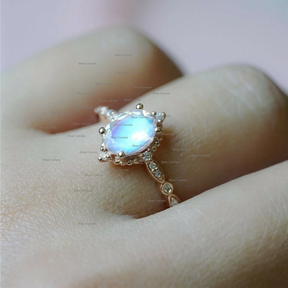 Anillo de cóctel de piedra lunar arco iris real pavé de diamantes joyería de oro amarillo sólido de 14 k Foto 1 de 3