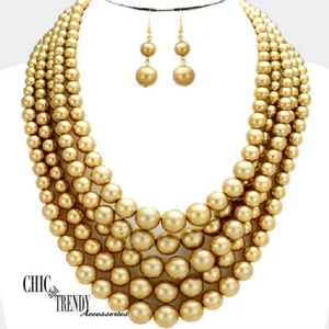 CLEARANCE GOLD "5 ROW" CHUNKY PEARL EVERY DAY FASHION NECKLACE JEWELRY SET - Picture 1 of 3
