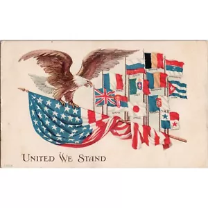 Original 1917 WWI Era Postcard - Flags of Allys - American Flag United We Stand - Picture 1 of 2
