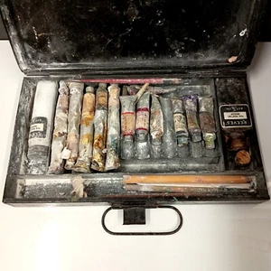Antica/vintage scatola d'artista Reeves of London con dipinti ad olio usati - Foto 1 di 9