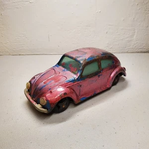 VINTAGE 1960s BANDAI TIN TOY VOLKSWAGEN SEDAN RARE MADE IN JAPAN PINK - Picture 1 of 7