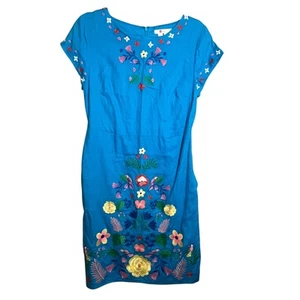 Boden Dress Womens Large Blue Embroidered Linen Floral Bird Short Sleeve Boho - Picture 1 of 11