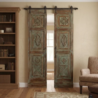 Porta esculpida antiga verde desgastada portas de correr duplas decoração declaração 80x36 - Imagem 1 de 4