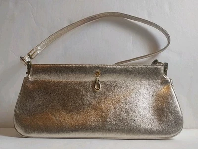 Miss Lewis Gold Leather Shoulder Handbag Strap Clutch Lined Metallic Christmas - Image 1 of 4