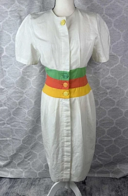 Vintage 80s Colorblock Sheath Dress Puff Sleeve Rainbow Size M - Image 1 of 4