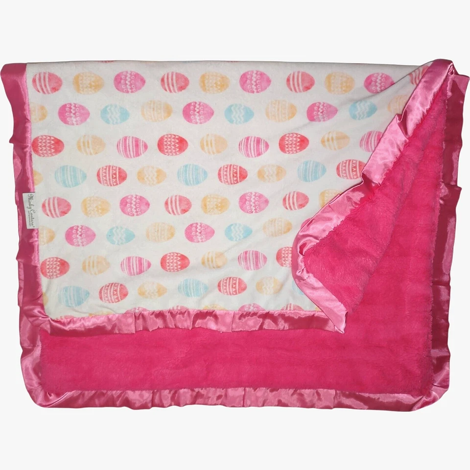 Minky Couture Easter Egg Pink Ruffled Satin Blanket Big 35x 48 Girls Plush - Image 1 of 4