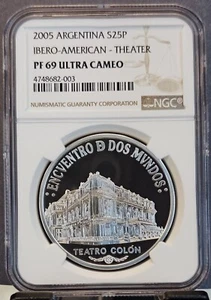 2005 ARGENTINA SILVER 25 PESOS THEATER TEATRO COLON NGC PF 69 ULTRA CAMEO RARE - Picture 1 of 3