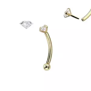 14 Karat Gold Curved Barbell 16 Gauge Eyebrow Ring & Real Diamond - Picture 1 of 4