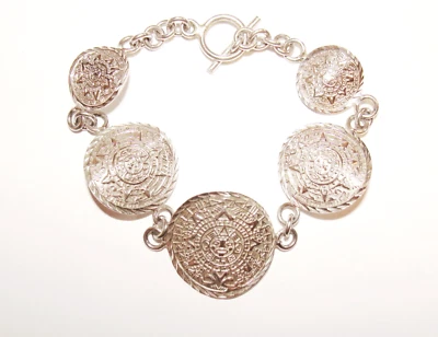 Pulsera de plata de ley 17,7 g con sección de calendario maya azteca cierre de palanca 7,5" Foto 1 de 4