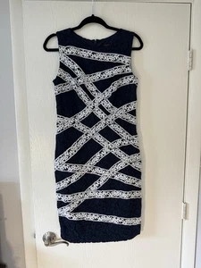 Tadashi Shoji Dress 8 Dark Blue White Lace Criss Cross Banded Sleeveless Sheath - Picture 1 of 7