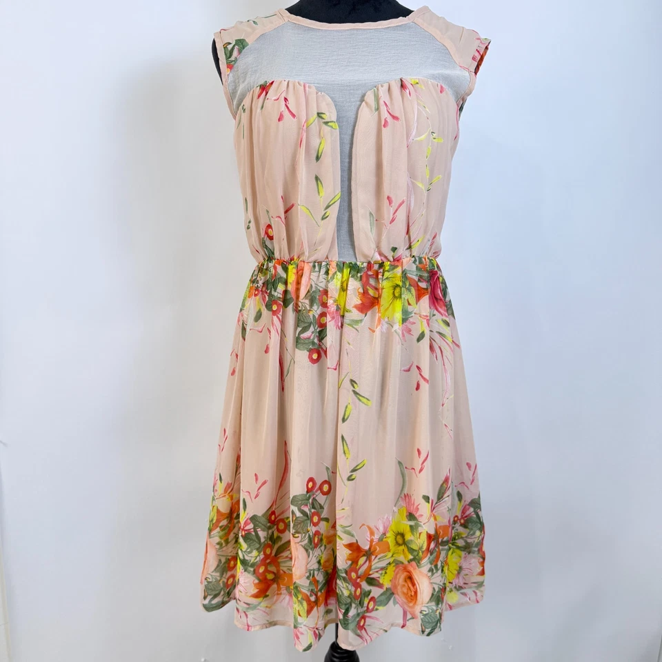 Floral Chiffon Fit and Flare Dress Size Small? Peach Sheer Details Feminine Y2K - Image 1 of 4