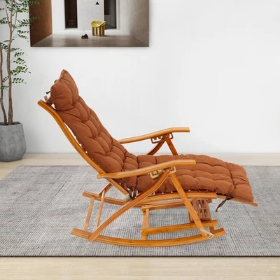 Bamboo Folding Reclining Chair Adjustable Recliner Sun Chaise Lounger w/ Cushion - Image 1 of 4