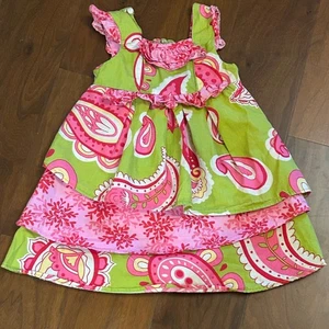 Jelly the Pug Girls 2T Pink Green Paisley Tiered Ruffle Dress - Picture 1 of 7