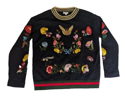 Suéter de Natal vintage Jamison azul marinho vermelho verde ouro floral e apliques amanteigados - Imagem 1 de 4