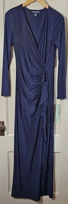 American Living Maxi Dress Women size 6 NWT Navy Blue Gold Shimmer L/S Faux Wrap - Image 1 of 4