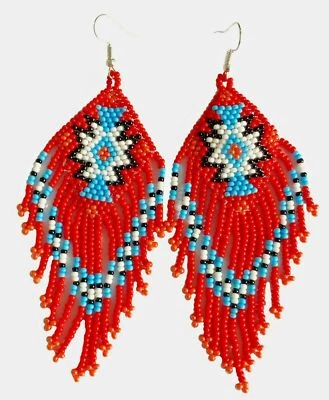 Pendientes de gancho hechos a mano con cuentas estilo nativo rojo blanco Foto 1 de 3