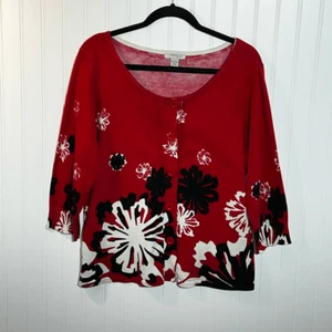 Mercer Street Studio Button Up Cardigan Sweater Womens Large Red Floral 3/4 Slv - Picture 1 of 8
