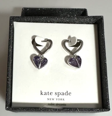 kate spade new york Gold Tone Purple CZ Heart Huggie Earrings NEW In Gift Box - Image 1 of 4