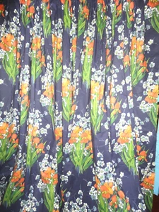 VINTAGE CUSTOM FLAME LILY CROWFOOT BLUE ORANGE FLORAL (2) WIDE PANELS CURTAINS - Picture 1 of 9
