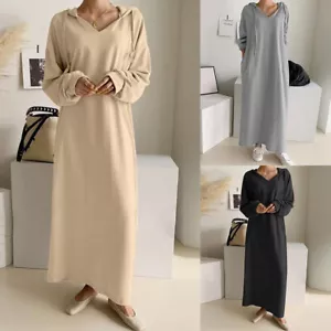 Womens Solid Long Sleeve V Neck Loose Pullover Long Dress Ladies Hoodies Dresses - Picture 1 of 27
