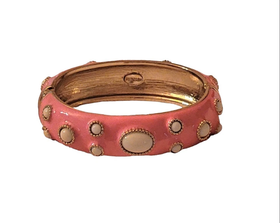 Brazalete Brazalete FORNASH Esmalte Salmón Bisagras Blanco Cabachón Piedras Redondas Foto 1 de 4