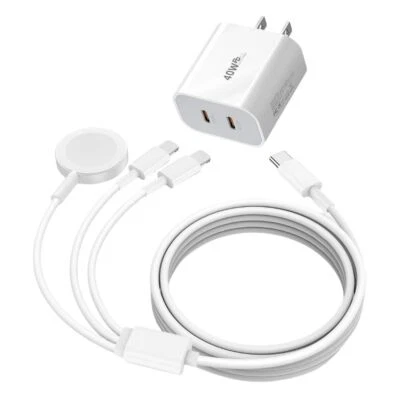 For Apple iPhone iWatch Magnetic 3-in-1 USB C Power Adapter Fast Charger Cable - Image 1 of 4