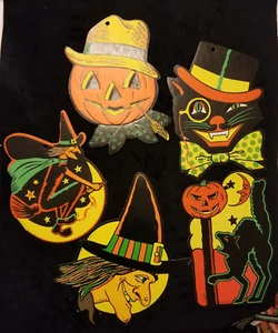 Juego de 5 decoraciones troqueladas retro Beistle Halloween brujas gatos y calabazas - Imagen 1 de 16