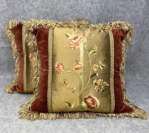 Neiman Marcus Sweet Dreams Pillows (two) Throw Couch Bed 20x20” Floral Fringe - Picture 1 of 14