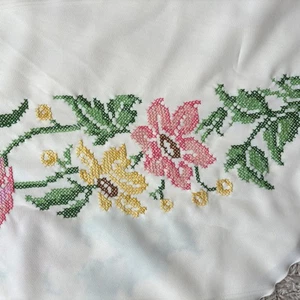 Vintage Round Tablecloth Pink Cross Stitch Embroidered Roses Cottage Core - Picture 1 of 4
