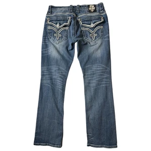 Rock Revival Jeans Herren 36 Chic Biker Cowboy Verzierung Leder Patch y2k Ben HINWEIS* - Bild 1 von 19