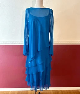Vintage Cattiva Chiffon Kleid Stufen Bateau Ausschnitt 2-teilig Damen 10 türkis blau - Bild 1 von 16