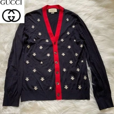 Cárdigan GUCCI Bee Star Bordado Rojo Marino Hecho en Italia Usado JAPÓN Foto 1 de 4