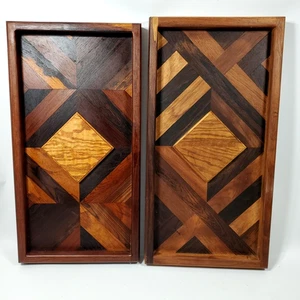 Pair Geometric Pattern Wall Art Wood Mosaic Framed Vintage Wooden Like Shoemaker - Picture 1 of 16