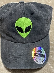 Green Alien Head Embroidered on Black Hat Adult Adjustable Cap Hat - Picture 1 of 8