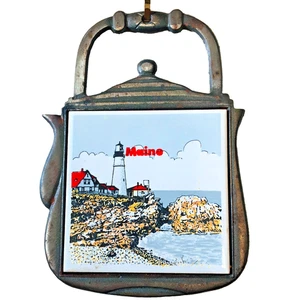 MAINE Lighthouse Cast Iron Trivet Souvenir 7.5” Hot Plate Ceramic Nautical Tile - Picture 1 of 5