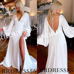 Satin Wedding Dresses with Slit Deep V Neck Beach 2025 Summer Bridal Gowns - Picture 1 of 9