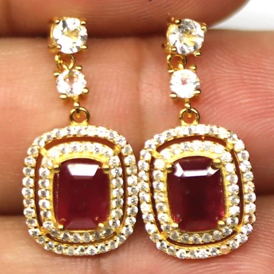 925 Sterling Silver 5 x 7 mm. Red Ruby & Cubic Zirconia Earrings 18K Gold Plated - Image 1 of 4