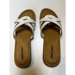 Minnetonka Sunny Women's White Leather Strappy Slip On Thong Sandals Size 11 NWT - Picture 1 of 11
