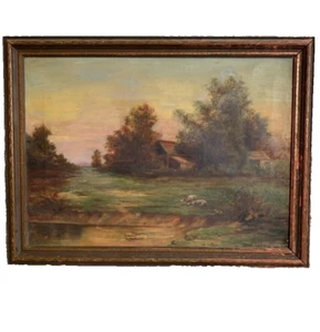 ๐ฅ Fine Epic Antique 19th c Farmhouse Sheep Farm Core Oil Painting SIGNED 23x18 - Picture 1 of 17