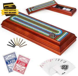 Wooden Cribbage Board Game Set with Large Storage Area, Solid Wood 3 Track Cribb - Picture 1 of 7