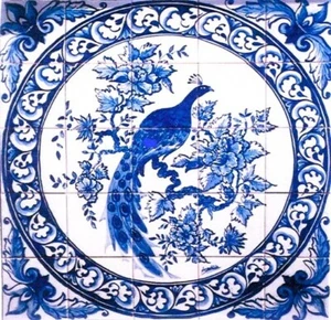 Portuguese Tile Mural-Peacock- traditional blue and white hand painted tiles. - Picture 1 of 5