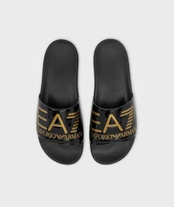 EA7 Emporio Armani Black/Gold Contrast Logo Sliders Sandals Size UK 8 BNWT/BOX - Picture 1 of 12
