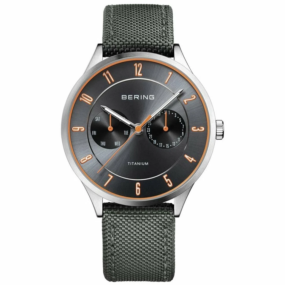 BERING Men's 39mm Grey Nylon Band Titanium Case Quartz Analog Watch 11539-879