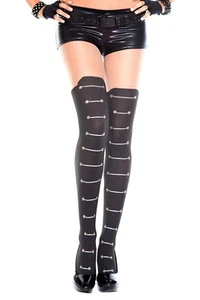 Black Lace Up Faux Stockings Tights Opaque Sheer Rocker Punk Goth Burlesque - Picture 1 of 1