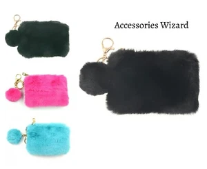 Woman Fluffy Fur Small Mini Coin Purse Rectangle shape with attached Pompom UK - Picture 1 of 8