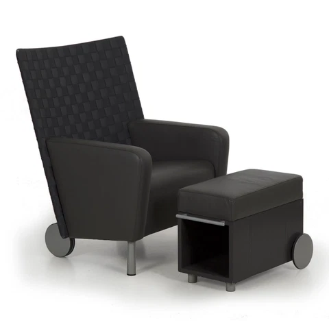 Modern Gray Leather & Woven-Back Lounge Chair with Ottoman, 21st Century Cover