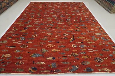 10 x 14 ft Red Fish Gabbeh Afghan Hand Knotted Wool Trbal Area Rug - Image 1 of 4