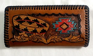 Handmade Leather Tooled Tribal Southwest Wallet Artisan Signed Feather & Basket - Picture 1 of 16